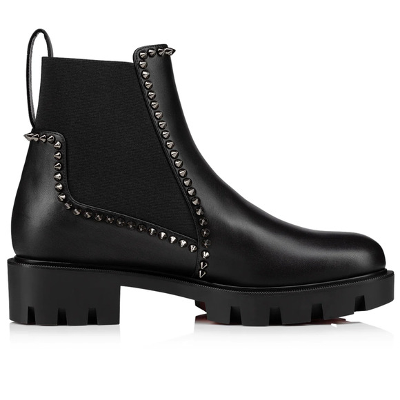 Christian Louboutin Out Lina Spike Lug Flat Black Calf Chelsea Ankle Boot 37.5 - Picture 3 of 12